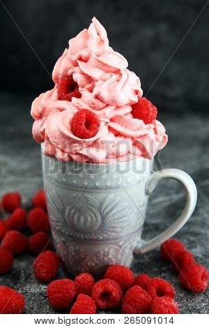 Healthy Homemade Raw Vegan Banana And Berry Ice Cream (icecream, Nicecream) Topped With Organic Rasp