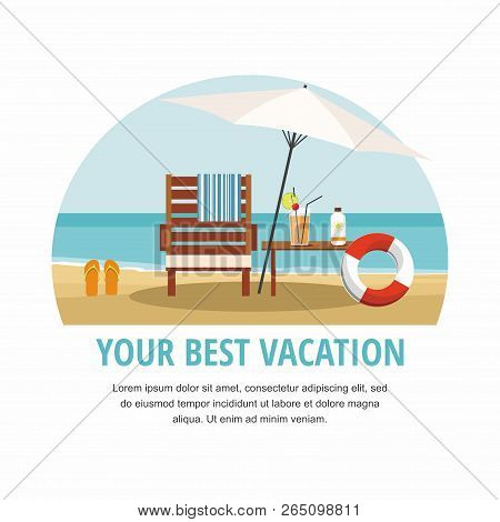 Summer Vacation And Tourism. Chaise Lounge And Umbrella On The Beach. Vector Icon