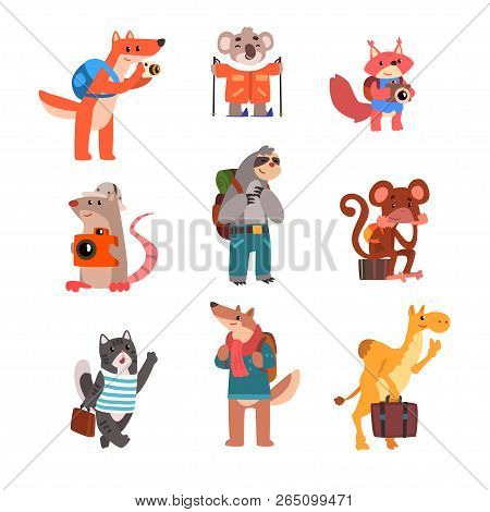 Cute Animals Traveling Set, Wild Animals Cartoon Characters With Backpacks And Suitcases Vector Illu