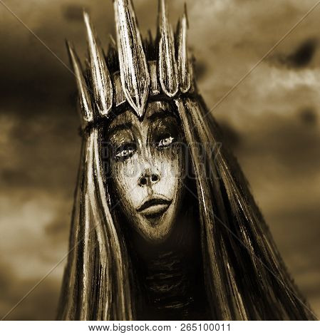 Dark Queen With Crown. Fantasy Illustration. Monochrome Background