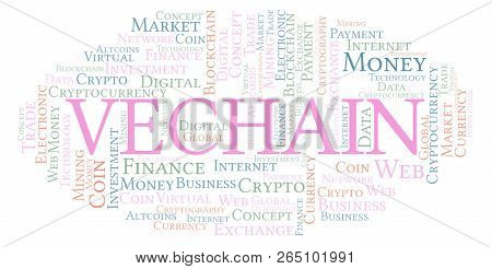 Vechain Cryptocurrency Coin Word Cloud. Word Cloud Made With Text Only.