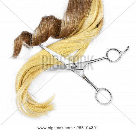 Beautiful Brunette And Blonde Hair Tails And Scissors, Isolated On White Background. Long Brown And 