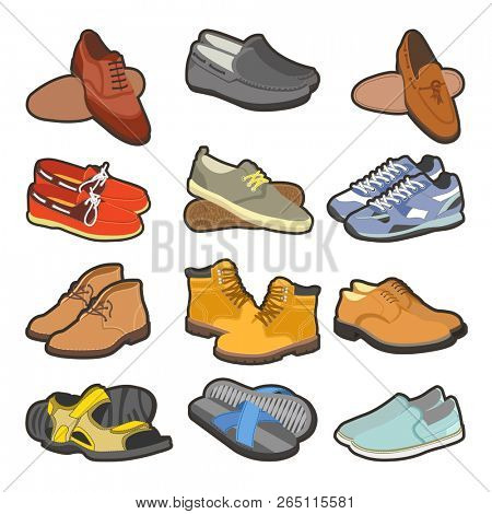 Men shoes boots types  flat isolated icons set