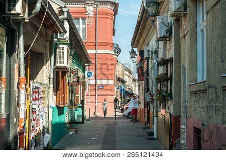 Novi Sad, Serbia. October - 14. 2018. Small Colorful Street In Novi Sad Named Mite Ruzica With Old H