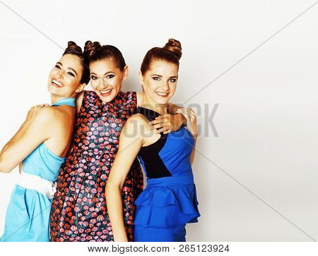 Many Girlfriends Hugging Celebration On White Background, Smilin