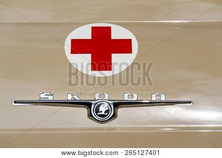 Dolni Kalna, Czech Republic - August 25 2018: Vintage Car Skoda 1203 Ambulance Oldsmobile Veteran St
