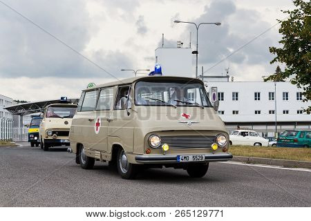 Vrchlabi, Czech Republic - August 25 2018: Vintage Car Skoda 1203 Ambulance Oldsmobile Veteran Leavi
