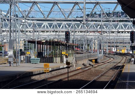 Platform and train view on Oslo central station. Oslo Central Station (Sentralstasjon) is main railway station in Oslo. June 17. 2018. Oslo,Norway