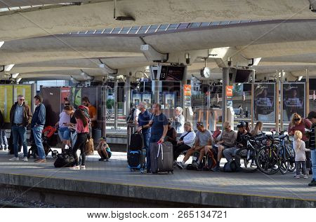 Platform and train view on Oslo central station. Oslo Central Station (Sentralstasjon) is main railway station in Oslo. June 17. 2018. Oslo,Norway