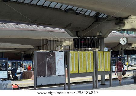 Platform and train view on Oslo central station. Oslo Central Station (Sentralstasjon) is main railway station in Oslo. June 17. 2018. Oslo,Norway