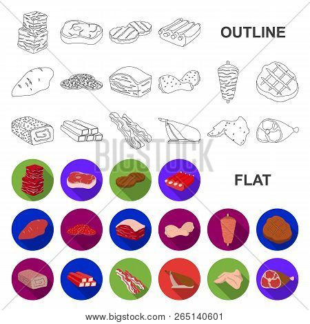 Different Meat Flat Icons In Set Collection For Design. Meat Product Vector Symbol Stock Web Illustr