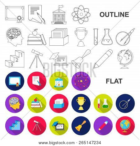 School And Education Flat Icons In Set Collection For Design.college, Equipment And Accessories Vect
