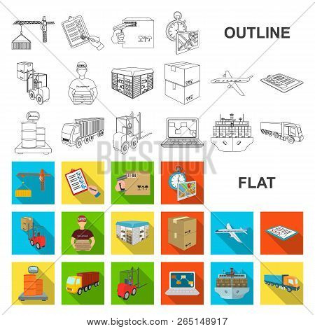 Logistics And Delivery Flat Icons In Set Collection For Design. Transport And Equipment Isometric Ve