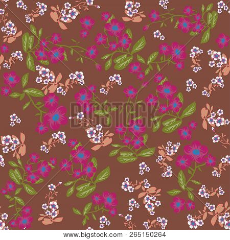 Natural Color Flowers Seamless Pattern. Vector Folk Background For Prints, Wrapping, Texlile