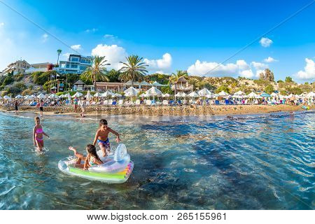 Paphos, Cyprus - August 20, 2017: Coral Bay Beach Located Near Pegeia Village.