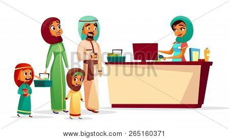 Muslim Family At Checkout Counter Illustration Of Saudi Arabian Man And Woman In Khaliji, Hijab With