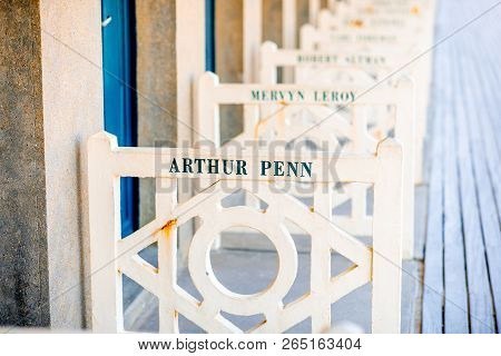 Deauville, France - September 06, 2017: Famous Locker Rooms On Planches Promenade Dedicated To Arthu