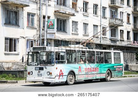 Sukhum, Abkhazia - July 23, 2009: Old Trolleybus Ziu 682 In The City Street.