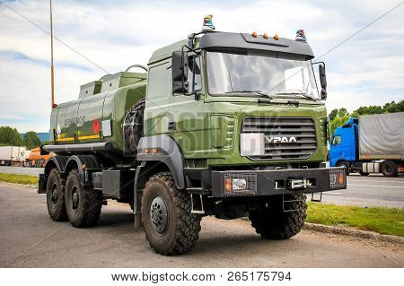 Bashkortostan, Russia - July 7, 2018: Military Cistern Truck Ural 4320-m At The Interurban Road.