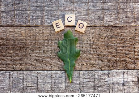 Inscription Eco Letters Word And Oak Leaf On Old Rustic Wooden Backdrop. Eco Village Abstract Enviro