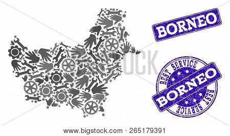 Best Service Composition Of Mosaic Map Of Borneo Island And Blue Rubber Stamps. Mosaic Map Of Borneo