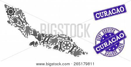 Best Service Collage Of Mosaic Map Of Curacao Island And Blue Rubber Seal Stamps. Mosaic Map Of Cura
