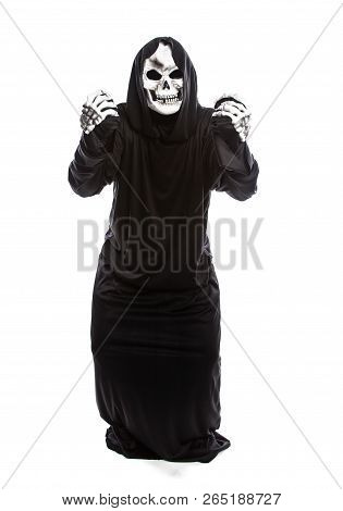 The Grim Reaper Or Death Halloween Costume Isolated On A White Background.  The Skeleton Is Wearing 