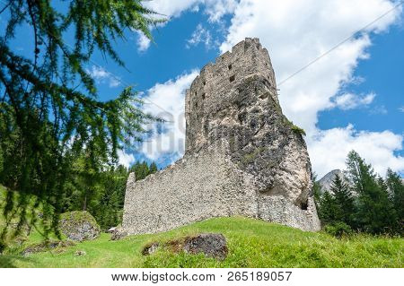 Remains Of The Olld Ruined Castle Andraz In The Italian Dolomite Mountains. Summer Afternoon Of 2018