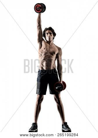 one caucasian man fitness weitghs training exercises  studio in silhouette isolated on white background