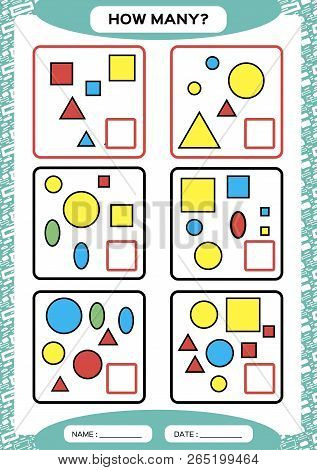 How Many. Counting Game For Preschool Children. Educational Math Game. Count The Shapes In The Pictu