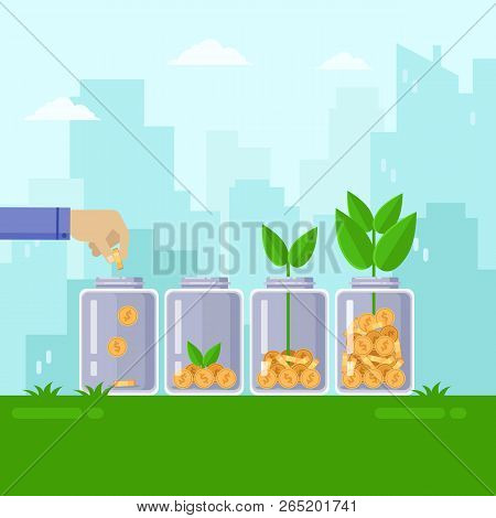 Investment And Finance Growth Business Concept. Hand Putting Coin In Clear Jar. Vector Flat Illustra