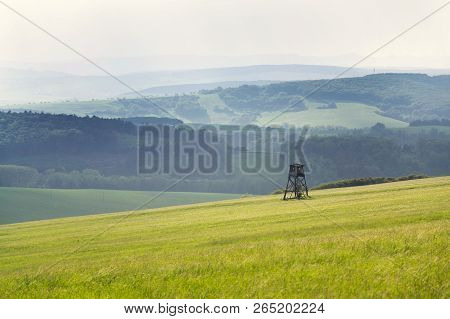 Deer Stand, Wooden Hunters High Seat Hide On Field, Summer Day, Cloudy Dramatic Sky, Bojkovice, Uher