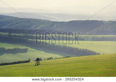 Deer Stand, Wooden Hunters High Seat Hide On Field, Summer Day, Cloudy Dramatic Sky, Bojkovice, Uher