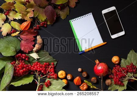 Yellow Autumn Leaves Fruit Smartphone Notebook On Black Background