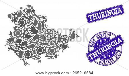 Best Service Collage Of Mosaic Map Of Thuringia State And Blue Rubber Stamps. Mosaic Map Of Thuringi
