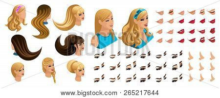 Isometric Create Emotions For Your Character, Young Girl. Set Beautiful Hairstyles And Emotions, Sad