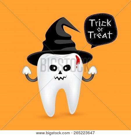 Cartoon Spooky Tooth Wth Black Hat. Trick Or Treat, Halloween Concept. Illustration Isolated On Oran