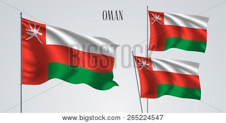 Oman Waving Flag Set Of Vector Illustration. Red White Colors And Coat Of Oman Wavy Realistic Flag A