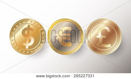 World Money Currencies Dollar, Euro And Pound Sterling Golden Coins Set With Shadow Isolated On Whit