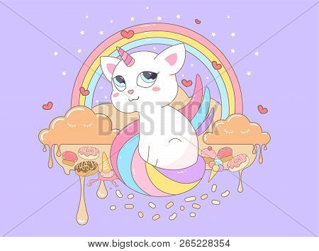 Vector Illustration Cat Unicorn Beautiful Sweet Story