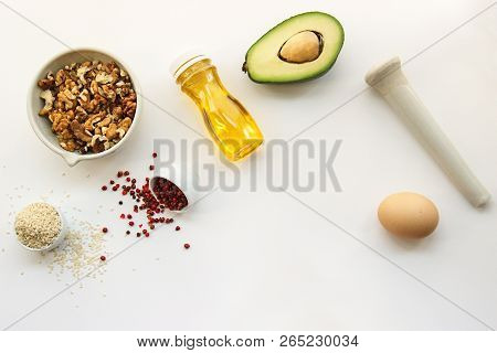 Keto Dieting. Ketogenic Foods On White Background With Copy Space. Low Carb, High Good Fat. Concept