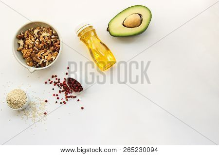 Keto Dieting. Ketogenic Foods On White Background With Copy Space. Low Carb, High Good Fat. Concept