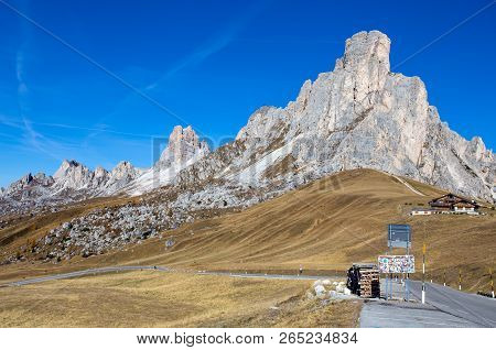 Autumn Landscape At Giau Pass With Famous Ra Gusela,nuvolau Peaks In Background,dolomites, Italy.