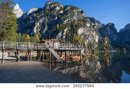 Braies, Italy, October 19, 2017 - View Of Braies Lake In A Colorful Autumn Landscape In Italian Dolo