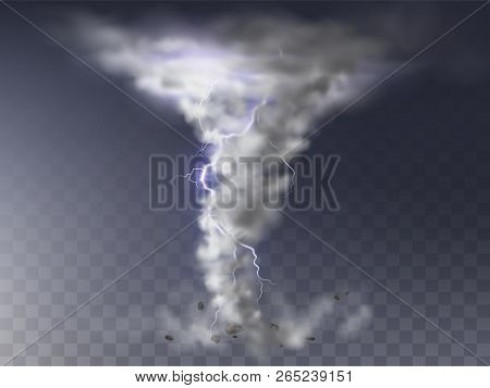 Illustration Of Realistic Tornado With Lightning, Destructive Hurricane Isolated On Transparent Back