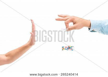 Cropped Image Of Woman Rejecting Unhealthy Pills Isolated On White