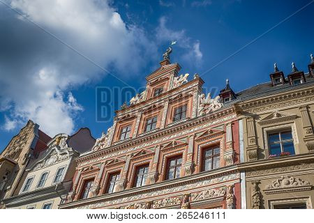 Facade Of Historic Renaissance House In The Fischmarkt. City Center. Erfurt, Germany