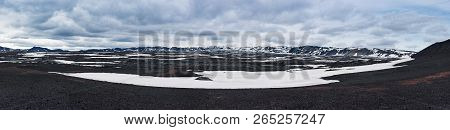 Panoramic View Of Caldera Field With Snow In Askja Volcano Crater In Iceland