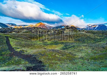 Impressive View Of Sunlight Shine On The Top Of Beautiful Mountain With The Rocky Field Of Flowers I