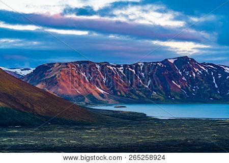 Landscape Of The Beautiful Mountain At Lake Frostastadavatn In The Evening At Highlands Of Iceland